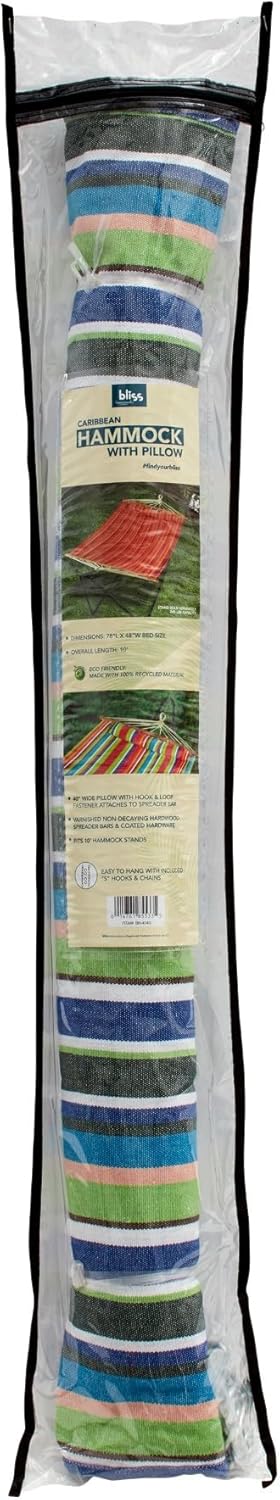 Bliss Hammocks BH-404G 48in Wide Caribbean Hammock w/Pillow, Poolside Patio Backyard Hammock, Includes Straps & Chains, Eco Friendly Polyester & Cotton Blend, 265 Pound Capacity, Candy Stripe