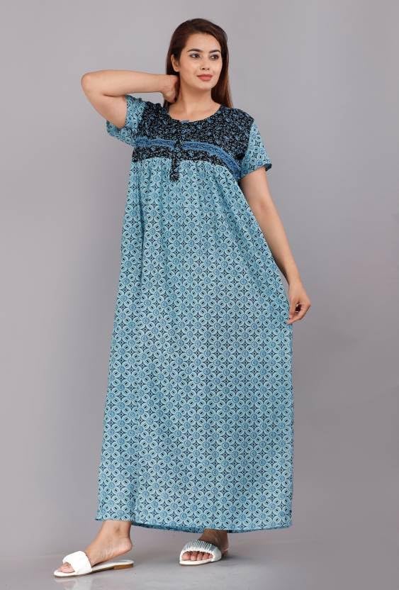 Image of Women Flower Printed Casual Wear Cotton Nighty - Gown-MFNT5014