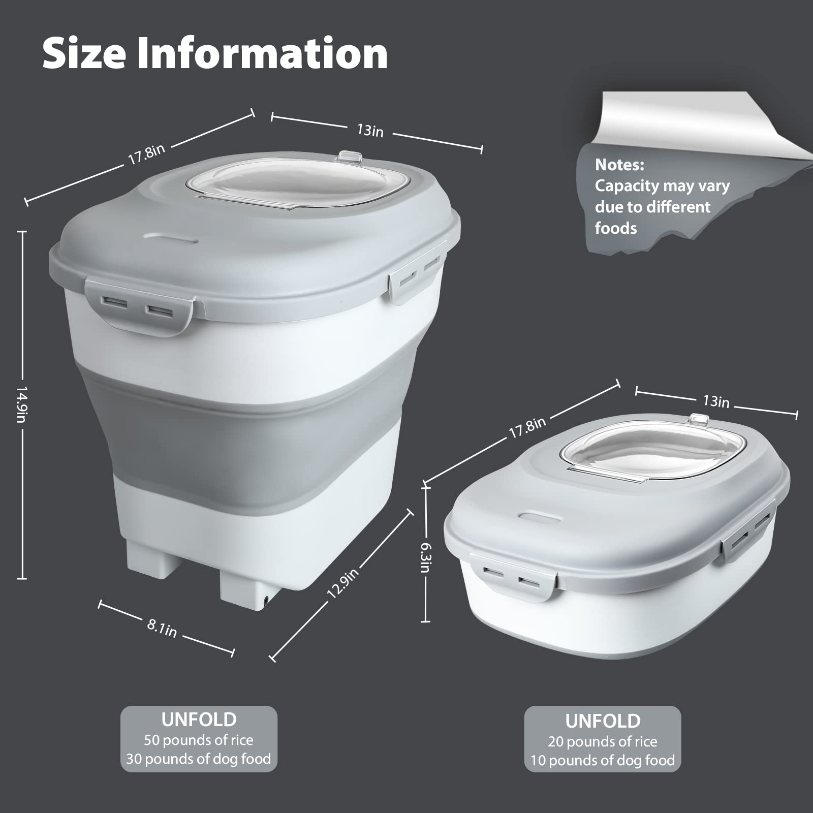 Viretec Contenedor de almacenamiento de alimentos de arroz, dispensador de almacenamiento de alimentos plegable herméticamente grande con tapa de bloqueo y rueda enrollable, soporte de cocina para