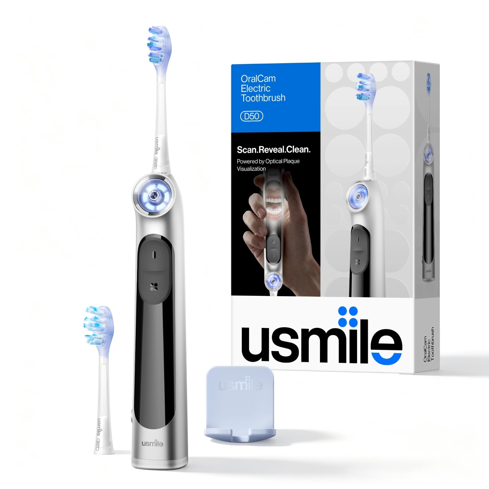 usmile D50 OralCam Electric Toothbrush, Plaque Image & Insights, Silver