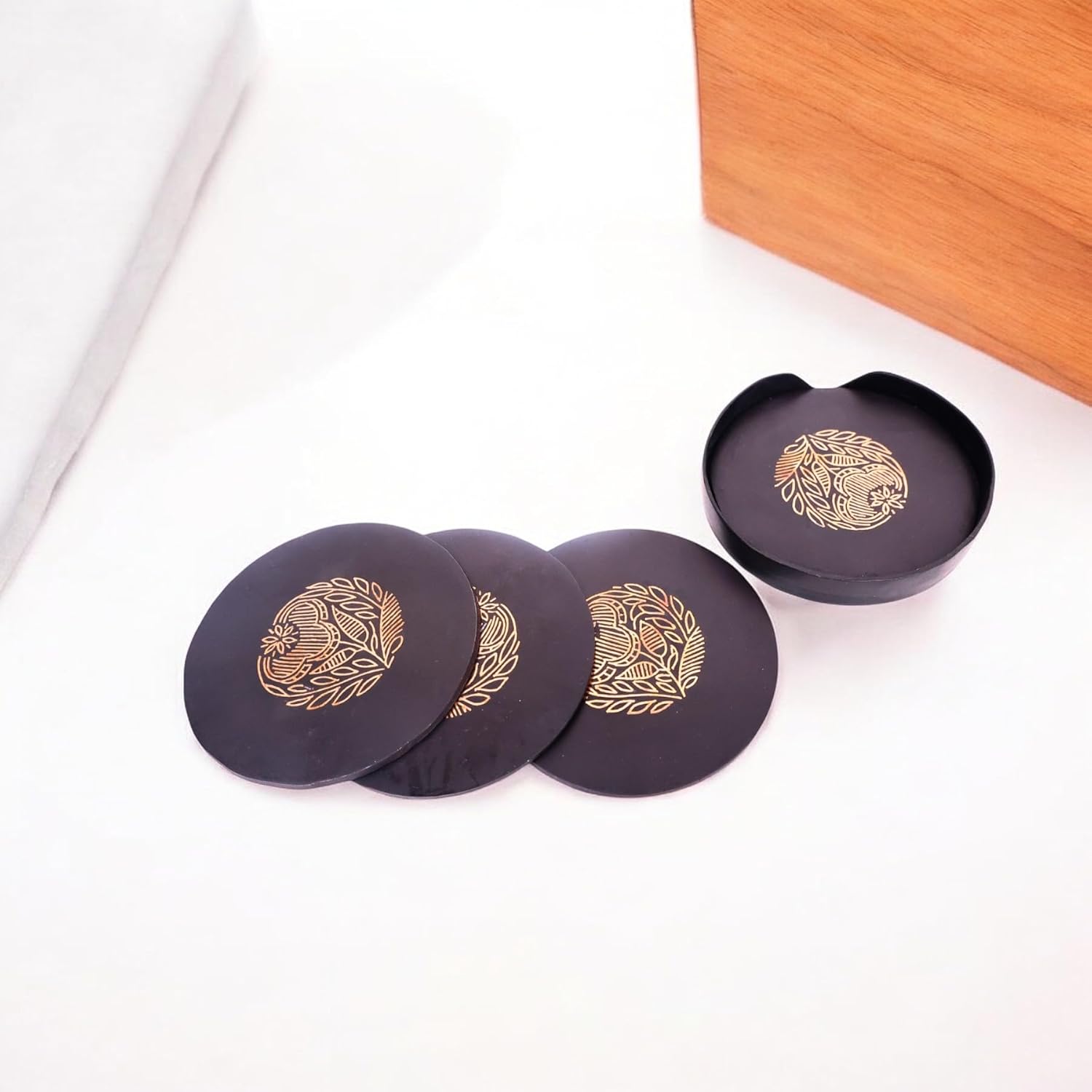 Black Tea Coasters with Bidri Art, Round Decorative Coasters with Copper Floral Design, 3.5 Inch Diameter