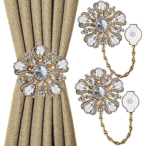 Strong Magnetic Curtain Tiebacks, VIIVY VIYIV Outdoor Luxury Crystal Stretchy Rope Tiebacks for Drapes Decorations Window Curtain Holdbacks Drapery for Home Living Room Bedroom Gold 2Pack Cover