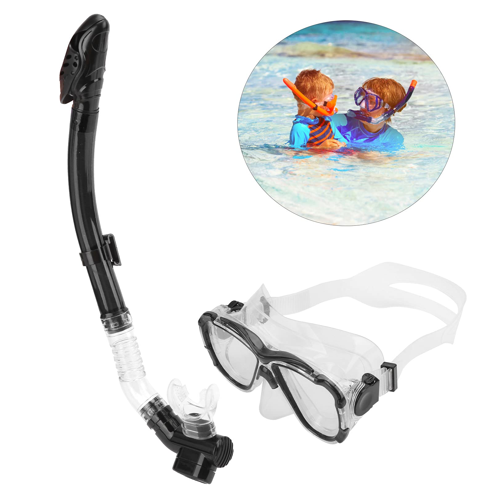Snorkelset voor volwassenen, zacht decompressieduikmasker Goggles van gehard glas met snorkelbuis met droge bovenkant om te duiken(zwart