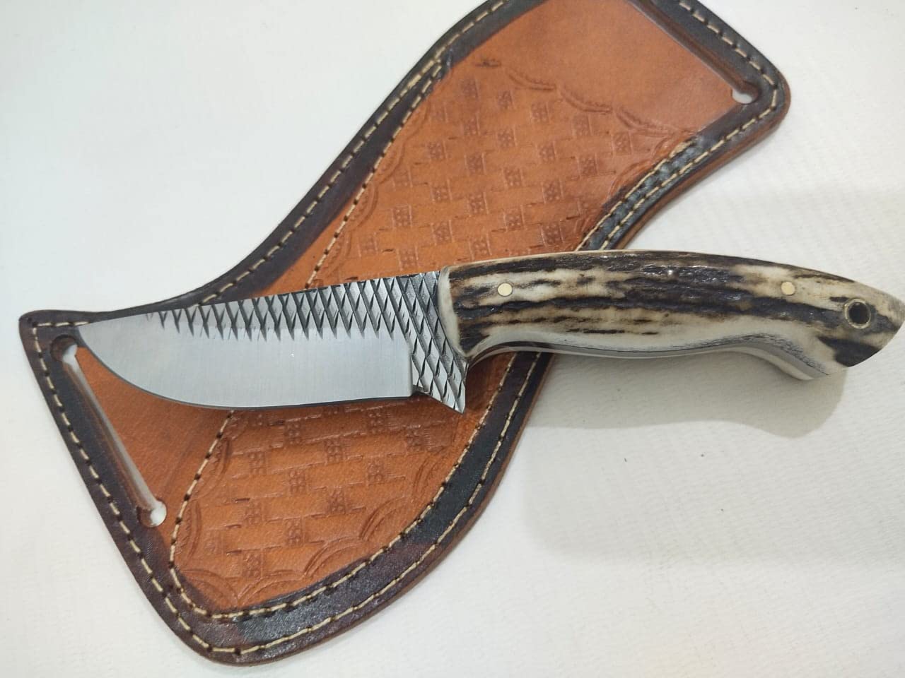 KBSF Hoof rasp custom handmade stag handle knife with leather cover