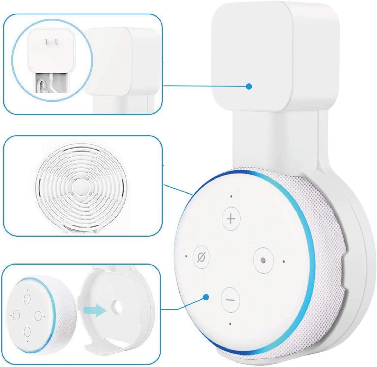 Sintron Supporto da Parete per Dot (3ª generazione), Supporto per Altoparlante Intelligente, Staffa Salvaspazio per Presa, Nessuna Vite, Gestione Cavi Integrata, Compatibile con Google Home (Bianco)