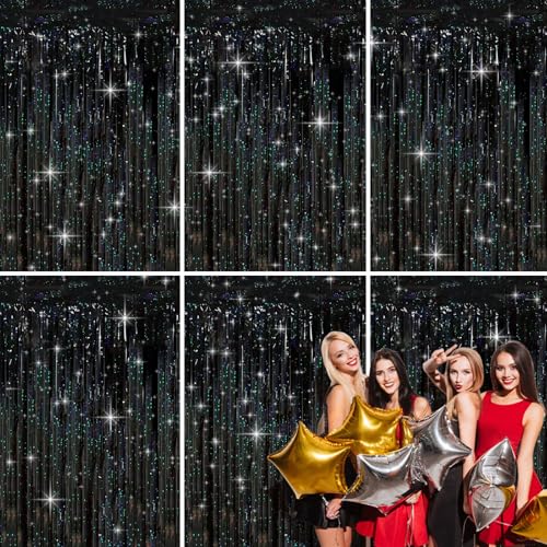 Shyllin 6 Piezas Cortina de Oropel, 1 m x 2 m, Cortina cumpleaños, Party Decoration para Pared de Fotos, Ideal para Fiestas, Sesiones de Fotos, Navidad, Halloween (Negro)