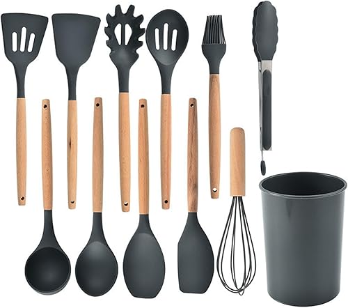 Miniatura 2 de Juego de utensilios de cocina de silicona de 12 piezas con soporte, resistentes al calor, sin BPA, apto para lavavajillas, negro, 4.9 x 13.1 in