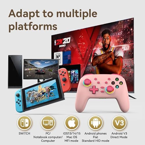 RALAN Pink Wireless Pro Controller Compatible with Nintendo Switch/OLED/Lite, with LED Color Light, Programmable Function, Wake-Up, Gyro Axis, Turbo, Dual Vibration