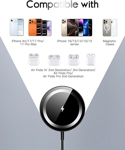 Miniatura 3 de Cargador inalámbrico magnético para iPhone 1717 Pro17 Pro MaxAir1615141312, almohadilla de carga segura para AirPods Pro 3 2 (negro)