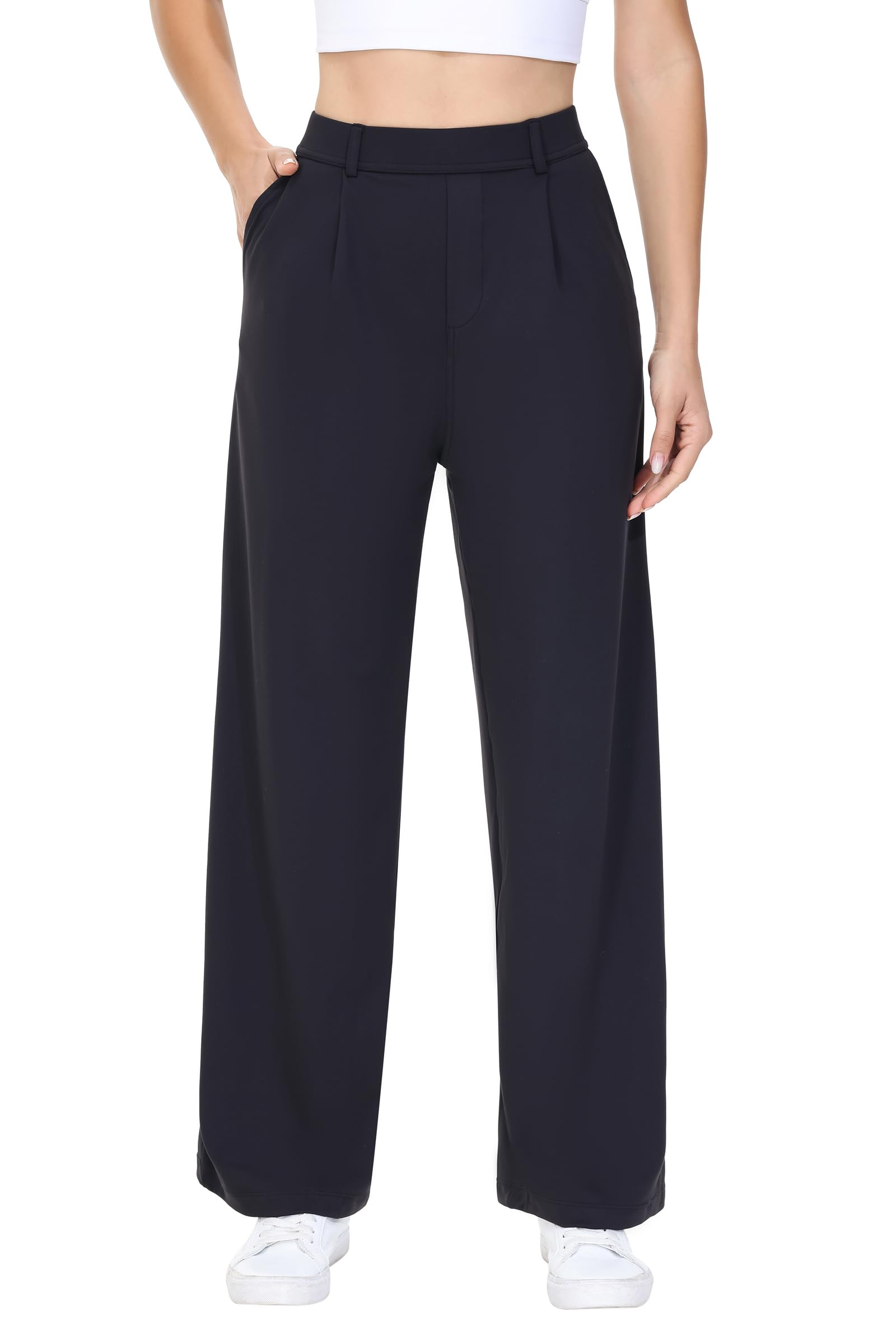 Blaosn Dress Pants Women Wide Leg Work Business Casual Trousers with Pockets Yoga Travel Sweatpants Stretchy Office Slacks — Black by Amazon