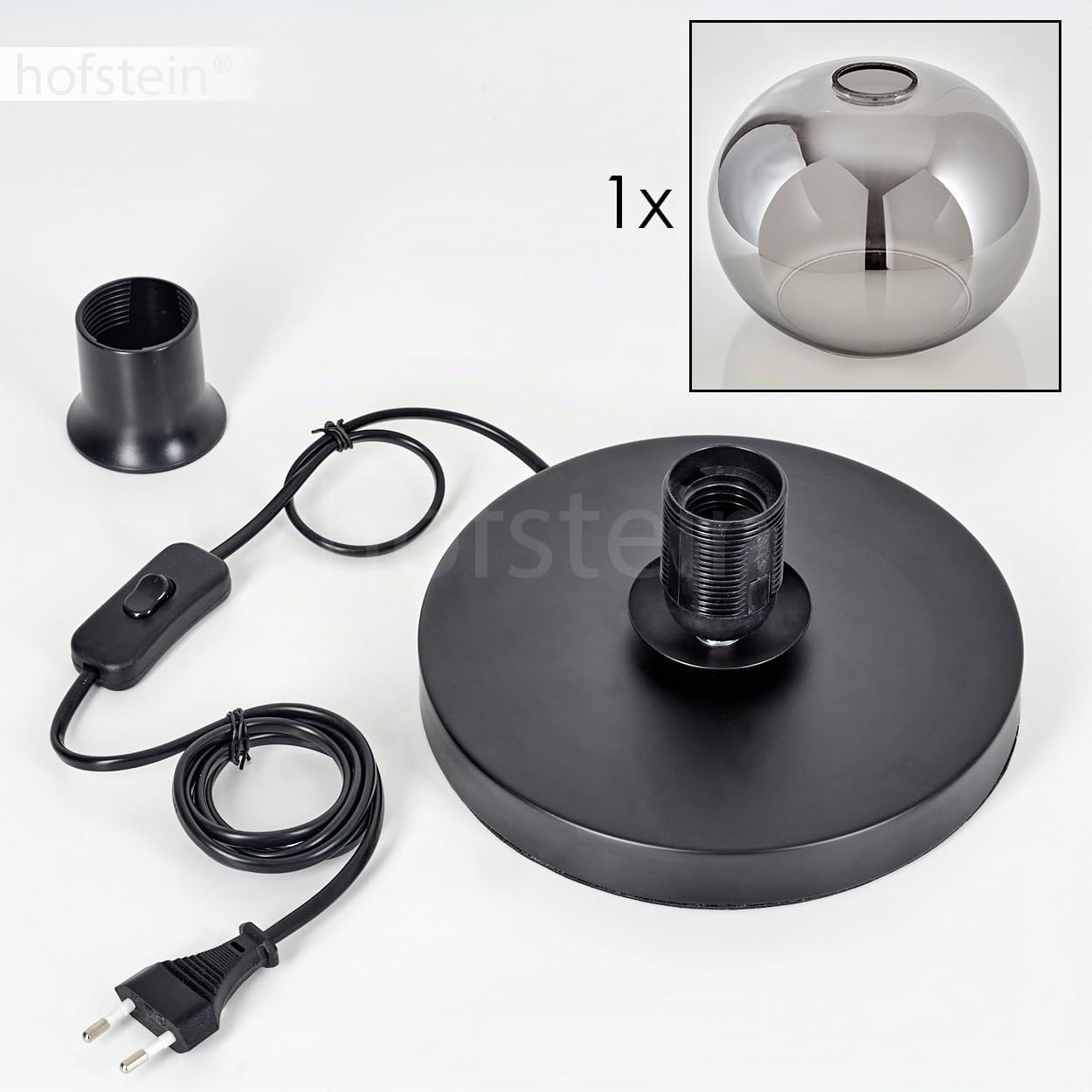 Tischleuchte Apedo, Tischlampe aus Metall/Glas in Schwarz/Rauchfarben, Leuchte im modernen Retro/Vintage-Design mit Schirm aus Glas (Ø 20 cm) u. An/-Auschalter am Kabel, 1 x E27, ohne Leuchtmittel