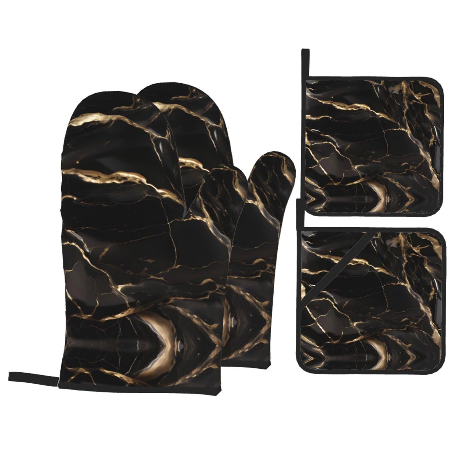 WHJSHOP Black Gold Marble Prints Kitchen Layers: Waterproof Oven Covers for Safe Handling & Easy Cleanup – 4 Piece Heat Protection Bundle