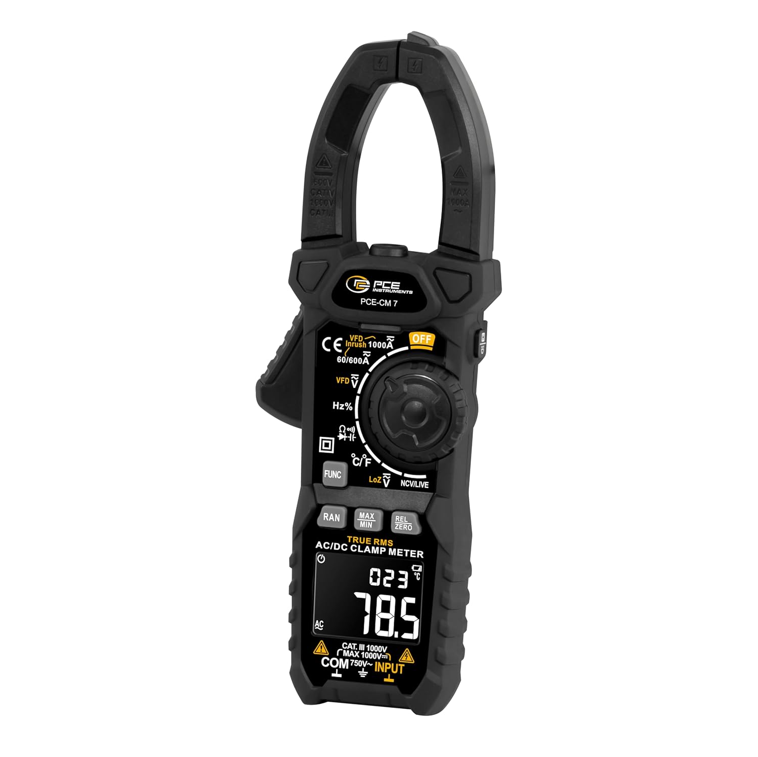 PCE Instruments PCE-CM 7 Handheld Clamp Meter for Electrical Testing, Measures AC/DC Current, Voltage, Resistance, Along with Continuity & Diode Testing