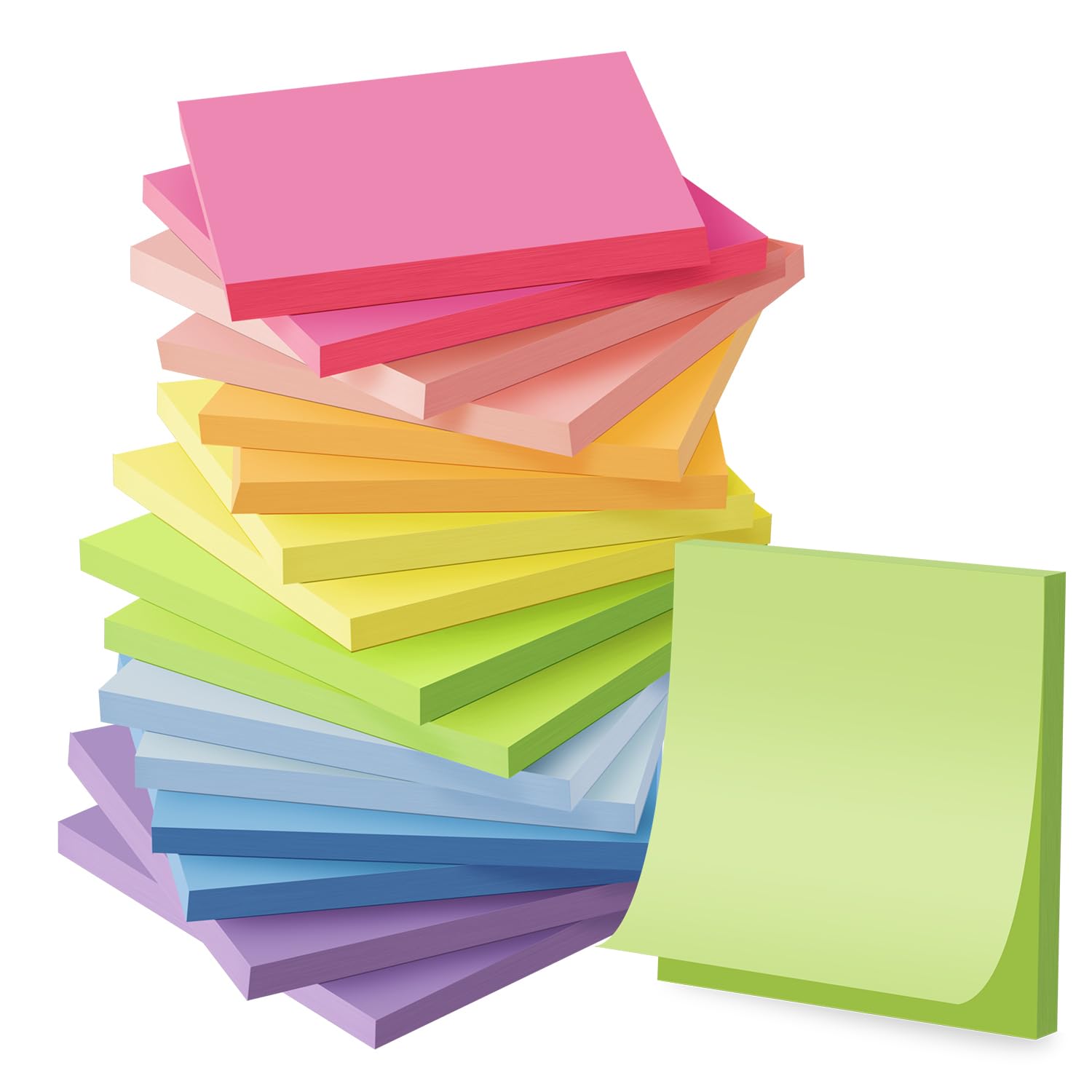 Wowivy Pack of 16 Sticky Notes, 76 x 76 mm, Bright Colours Self-Adhesive Notes Pads, Sticky Notes, Recyclable, Easy to Post for Home, Office, 55 Sheets/Pad, 880 Sheets Total