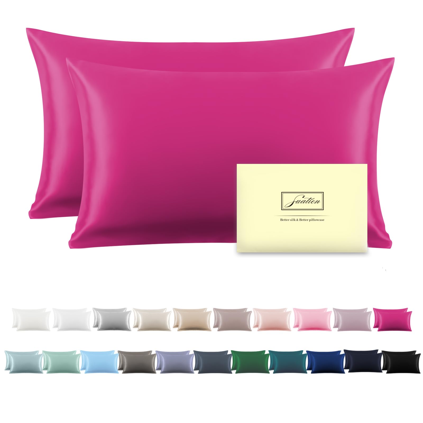 Suatien Silk Pillow Cases 2 Pack Soft Breathable and Sliky Queen Size Pillow Cases Set of 2,Natural Mulberry Satin Silk Pillowcase with Hidden Zipper for Hair and Skin (Hot Pink,20""X 30"",2pcs)