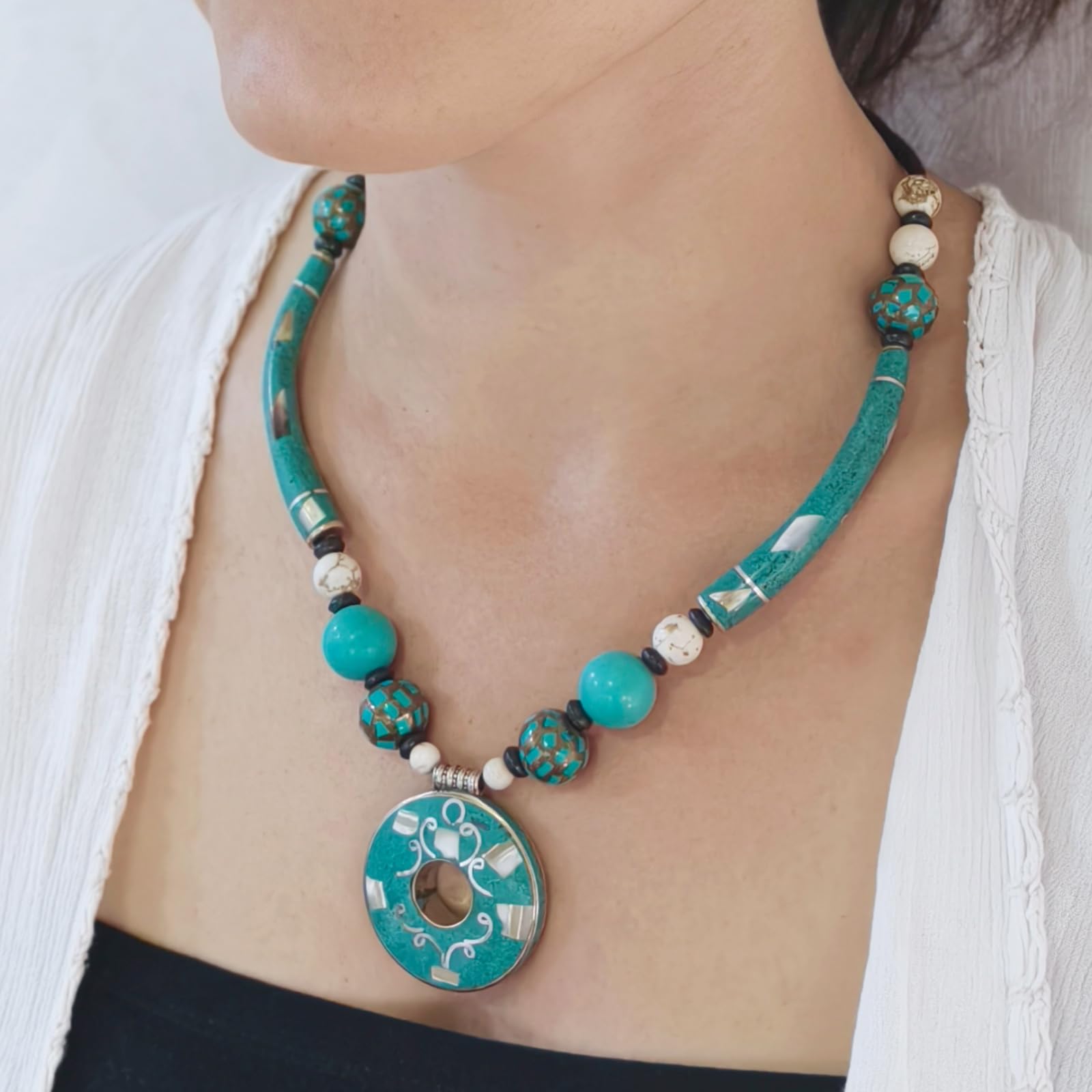 Collana con Pendente Boho Statement Artigianale Turchese Fashion