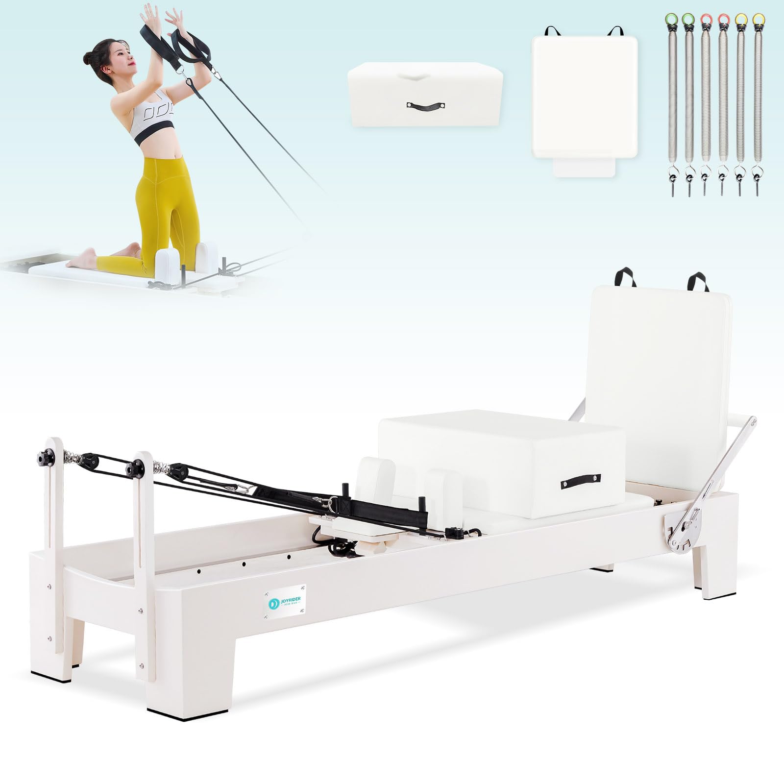 JOYRIDER Pilates Reformer, Pilates Reformer Machine for Home and Studio, Pilates Equipment with Reformer Accessories, Pilates Box, Padded Jump Board (White)