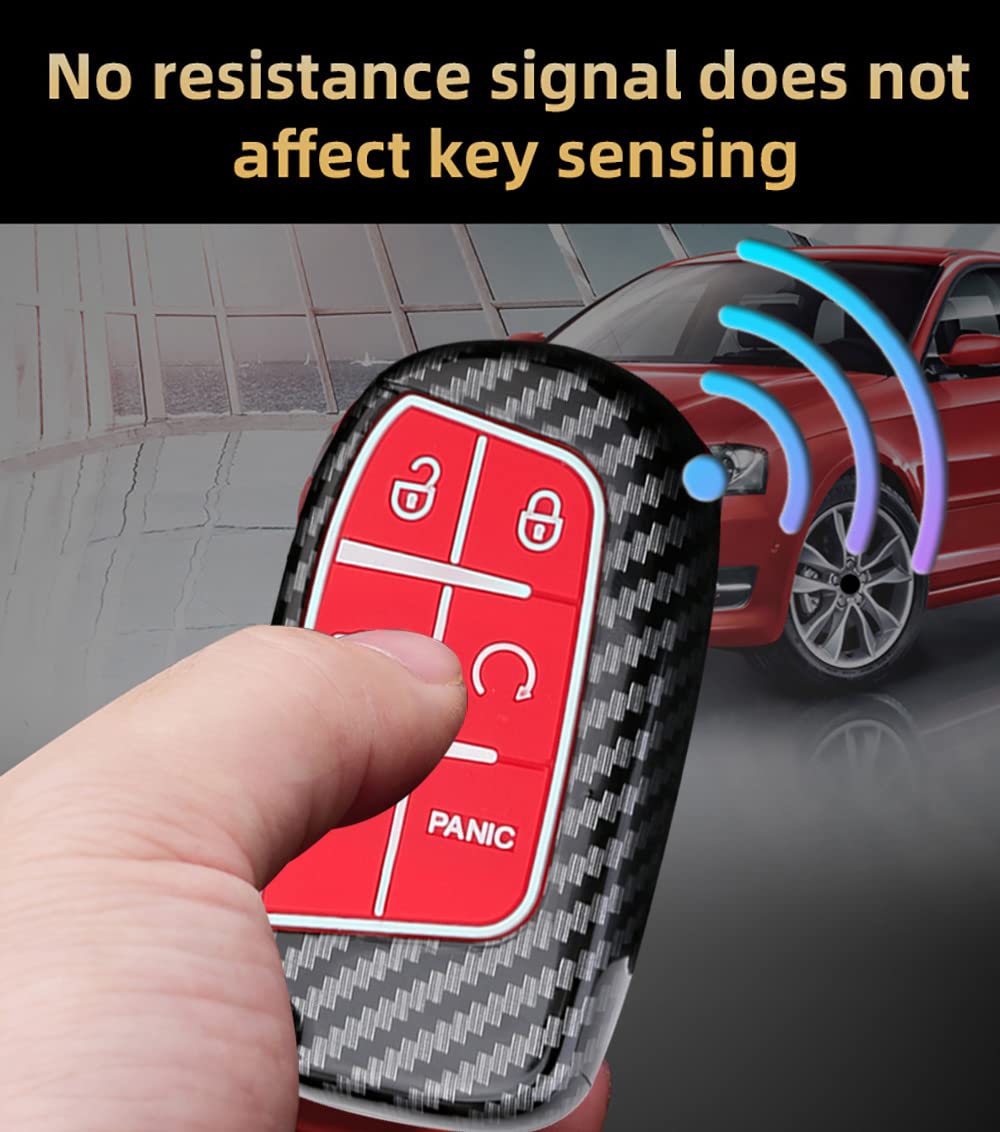 HIBEYO Keyless - Custodia per Chiave dell'auto, Adatta per Jeep Cherokee, in Fibra di Carbonio e Silicone, per Dodge Challenger Chrysler 200 per Fiat 500 500L, Telecomando a 5 Tasti, Rosso