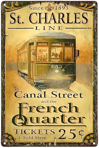 Vintage New Orleans Streetcar Metal Sign, St. Charles Line French Quarter Wall Decor 8x12 Inch