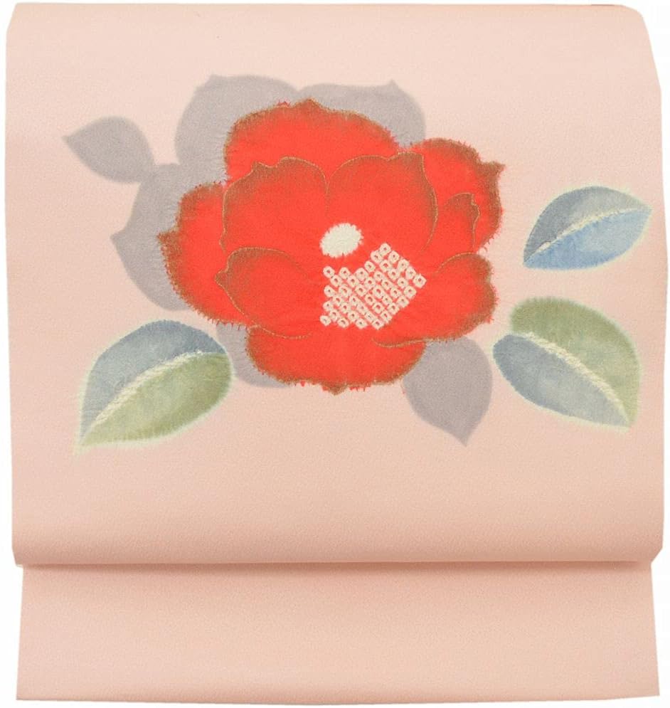 [着物ひととき] リサイクル 名古屋帯 正絹 仕立て上がり リサイクル帯 九寸 なごやおび 染め帯 ピンク色系 椿文様 qq0263