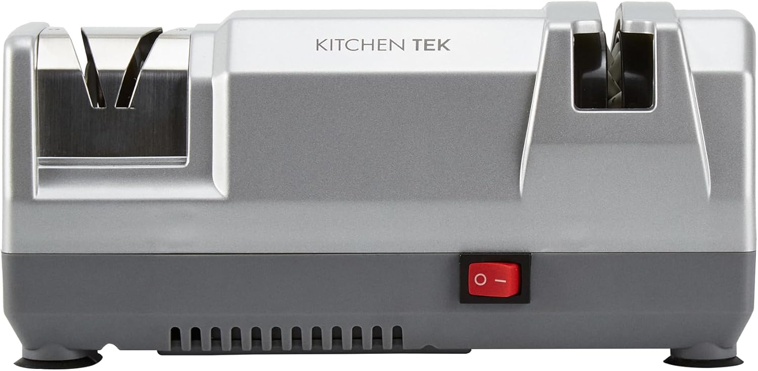 Restaurantware-Kitchen Tek 2-Stage Electric Knife Sharpener, 1 Straight-Edge Knife Sharpener With Diamond Grinding Wheel - 120 Voltage, Quick Sharpening, Gray Plastic, For Kitchen Knives