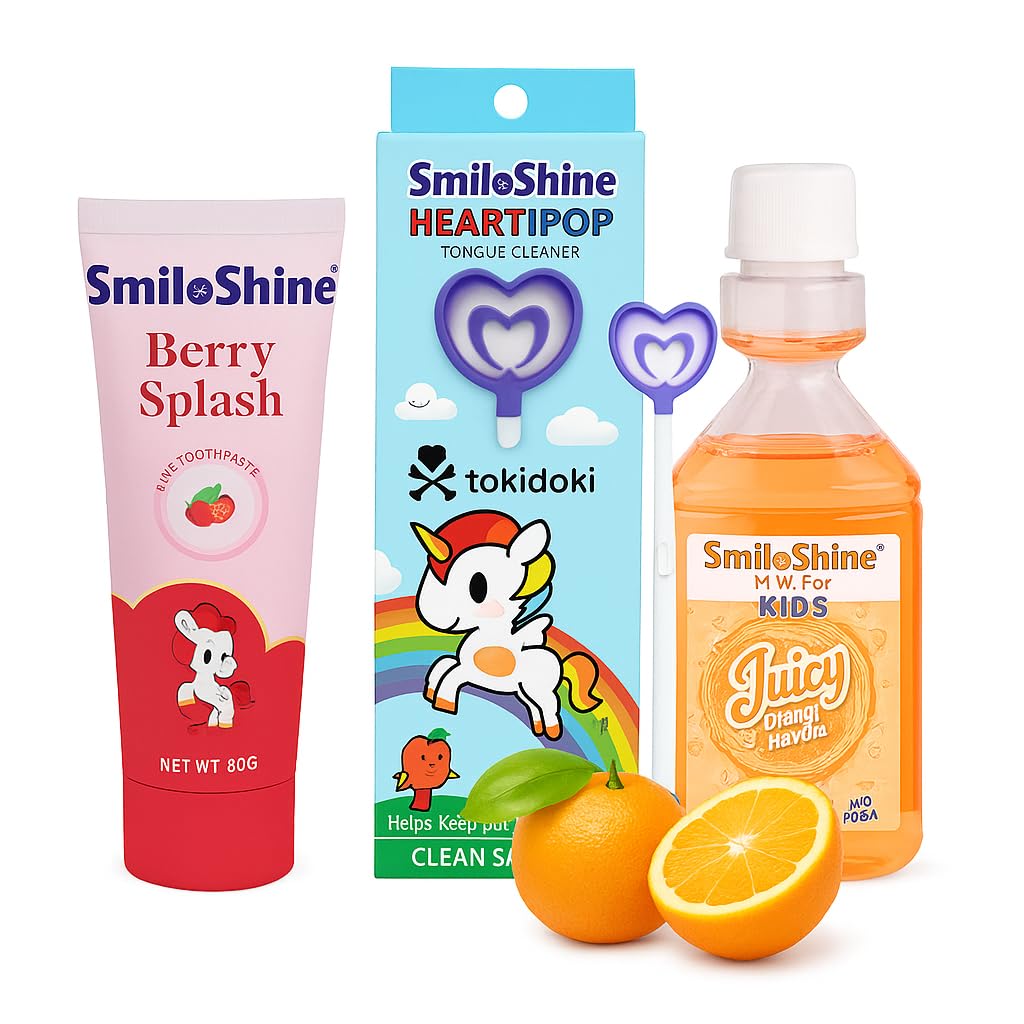 SmiloShine Kids Oral Care Combo Pack (Ages 2+) Strawberry Toothpaste 80G + Orange Mouthwash + Lollipop Tongue Cleaner,Gentle Children’s Dental Care Set for Healthy Teeth,Fresh Breath&Cavity Protection-image-15