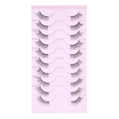 Miniatura 7 de SLSXNL Pestañas postizas de aspecto natural, con banda negra, esponjosas, ojo de gato, 10 pares reutilizables de media pestaña