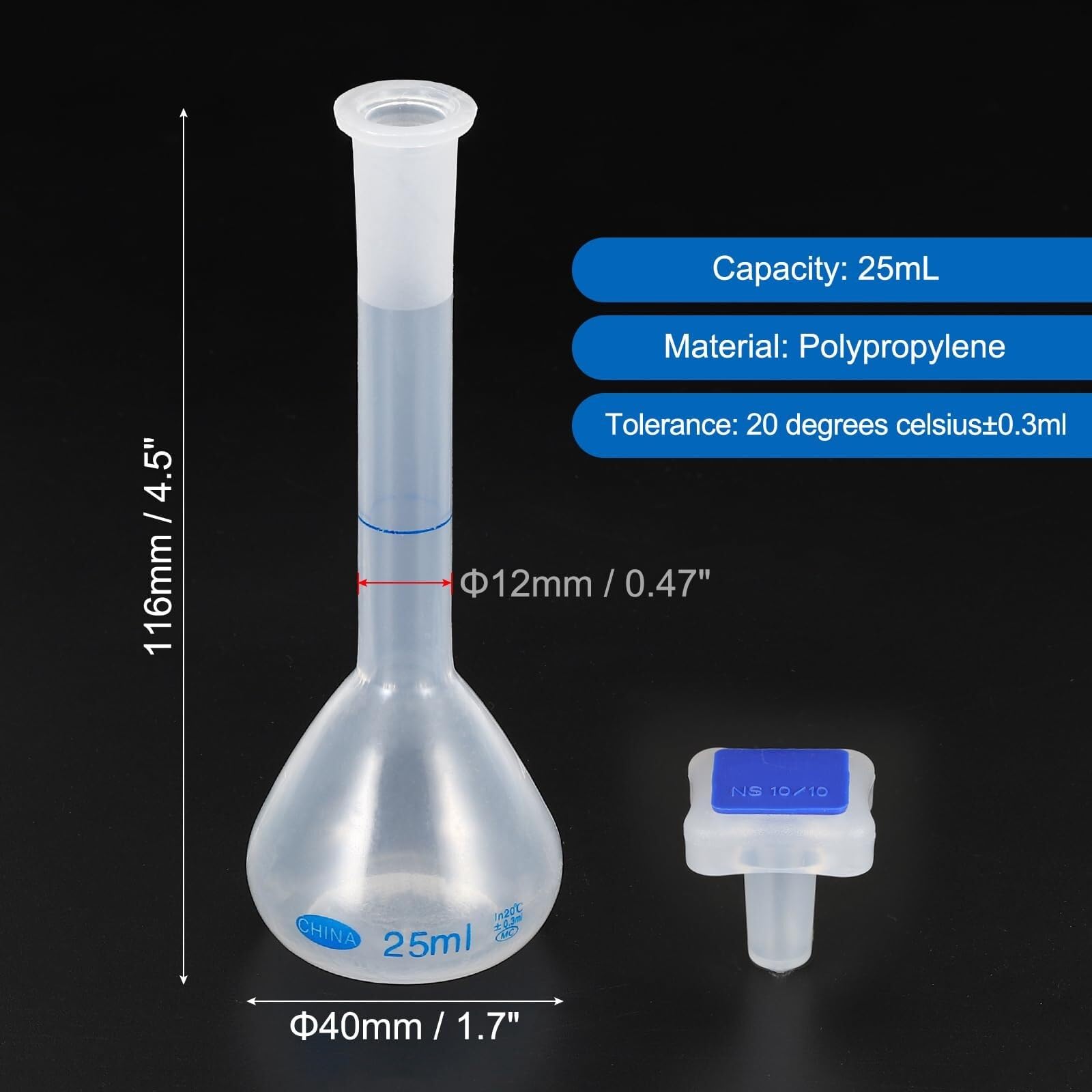 Matraz Aforado Polipropileno 250ml - Matraz de Medida Laboratorio Irrompible con Tapón y Graduación Azul(2,25ml)