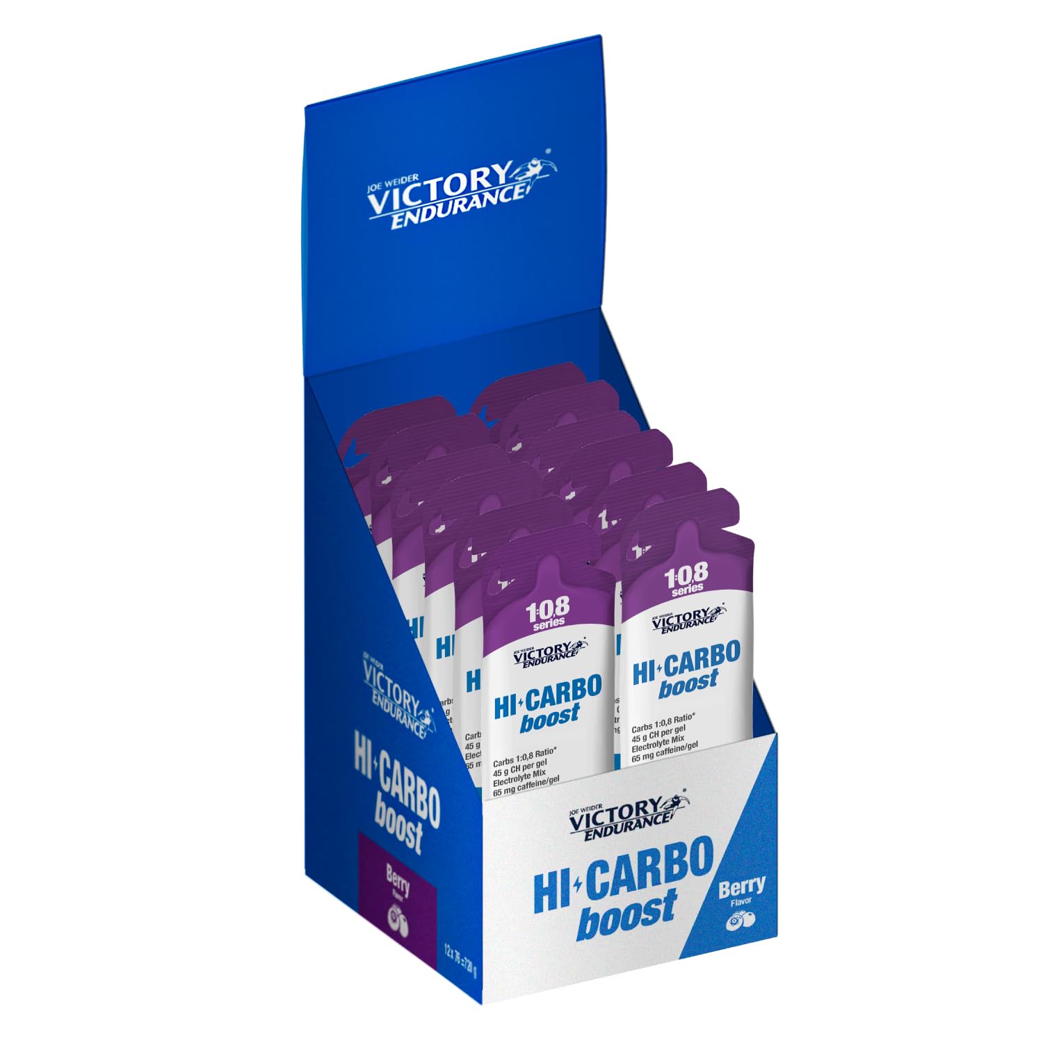 Victory Endurance HI Carbo Boost Gel 1:0,8 Series (12x76g) Sabor Frutos Rojos Con Cafeína, Alto en Carbohidratos con 45g/gel, 200mg sodio/gel, Energía inmediata, Aumenta Rendimiento, Disminuye Fatiga