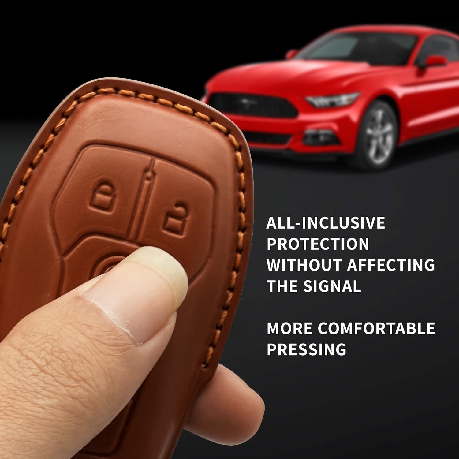 Car Fob Cover Compatible with Ford Mustang. Genuine Leather Key Fob Cover with Keychain (Brown)
