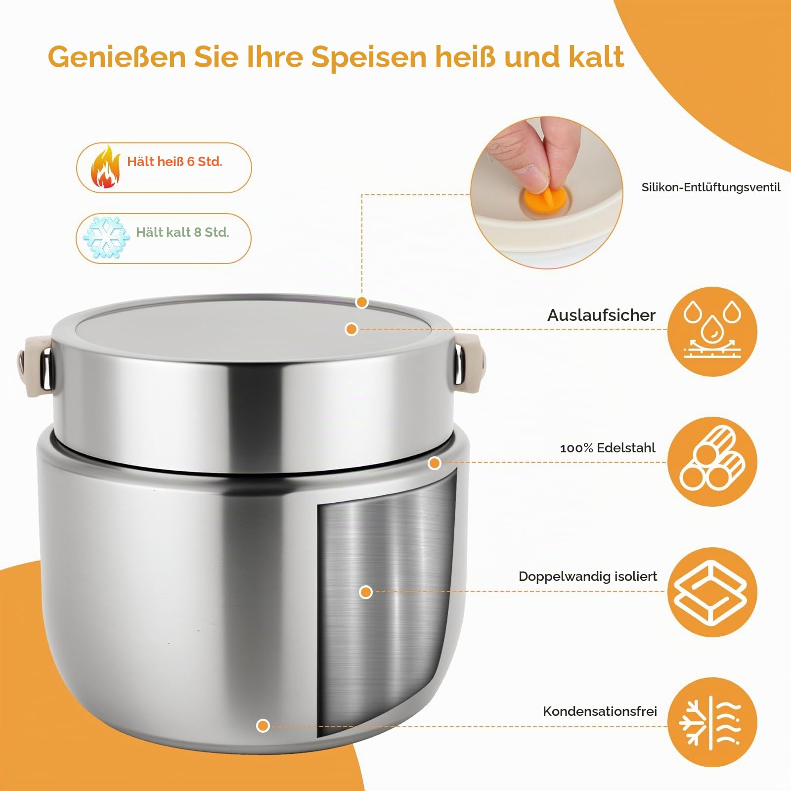 AiQInu Thermos-Lebensmittelbehälter für Erwachsene 1,2 l, Isolierter Edelstahl-Lunchbehälter mit Löffel und Griff, Weitmundig, Vakuumisoliert für Warme Speisen für Kinder und Erwachsene (Silber)