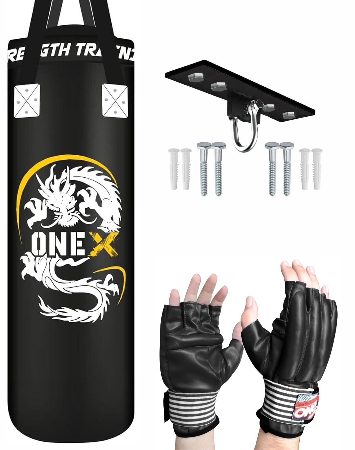 Boxing Punch Bag Set 3ft Filled – Heavy Duty Training Bag with Wall Bracket & Gloves – Home Gym Kickboxing MMA Muay Thai Karate Fitness for Adults (3ft with ceiling Hook+Cutts Finger)
