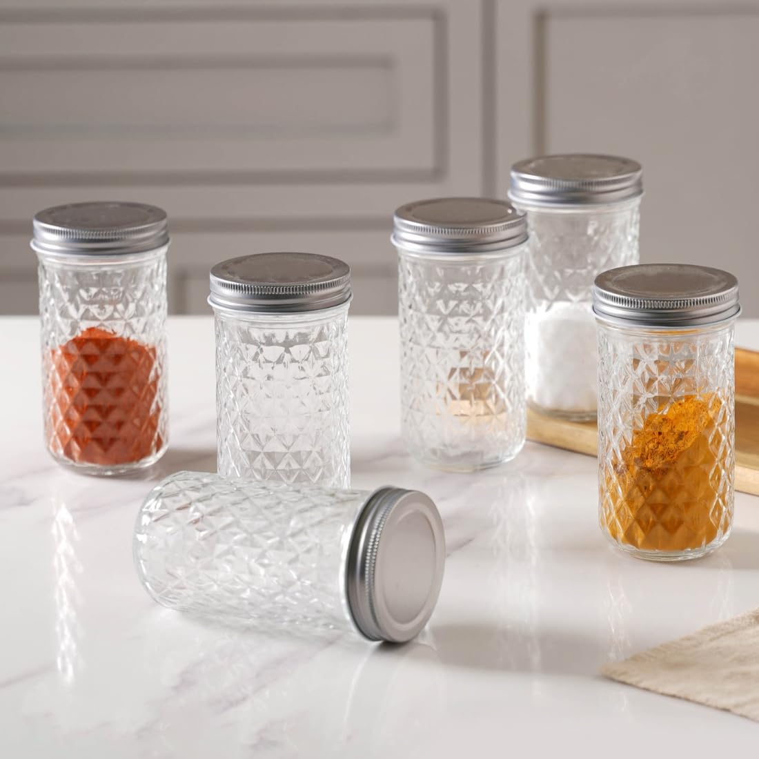 Nestasia Glass Jar 350ml with Lid (Set of 6), Transparent Diamond Textured Glass Containers for Kitchen Pantry, Spice, Masala, Pickles, Pulses, Dry Fruits, Snacks Storage