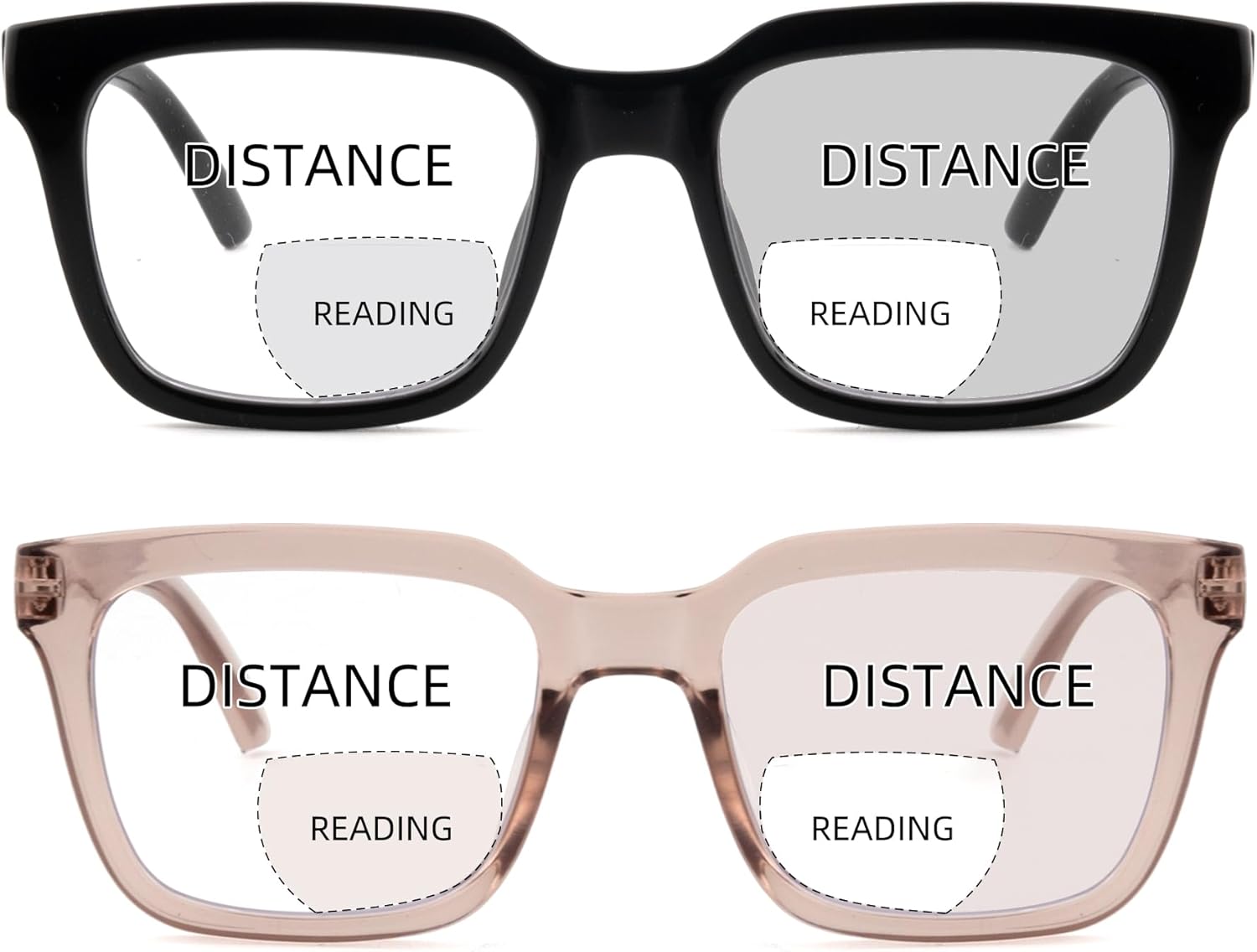 2 Pack Bifocal Reading Glasses for Women Men Oversized Clear Top Bi-focal Readers Progressive Dual-focus Glasses Black & Pink 2.5 x