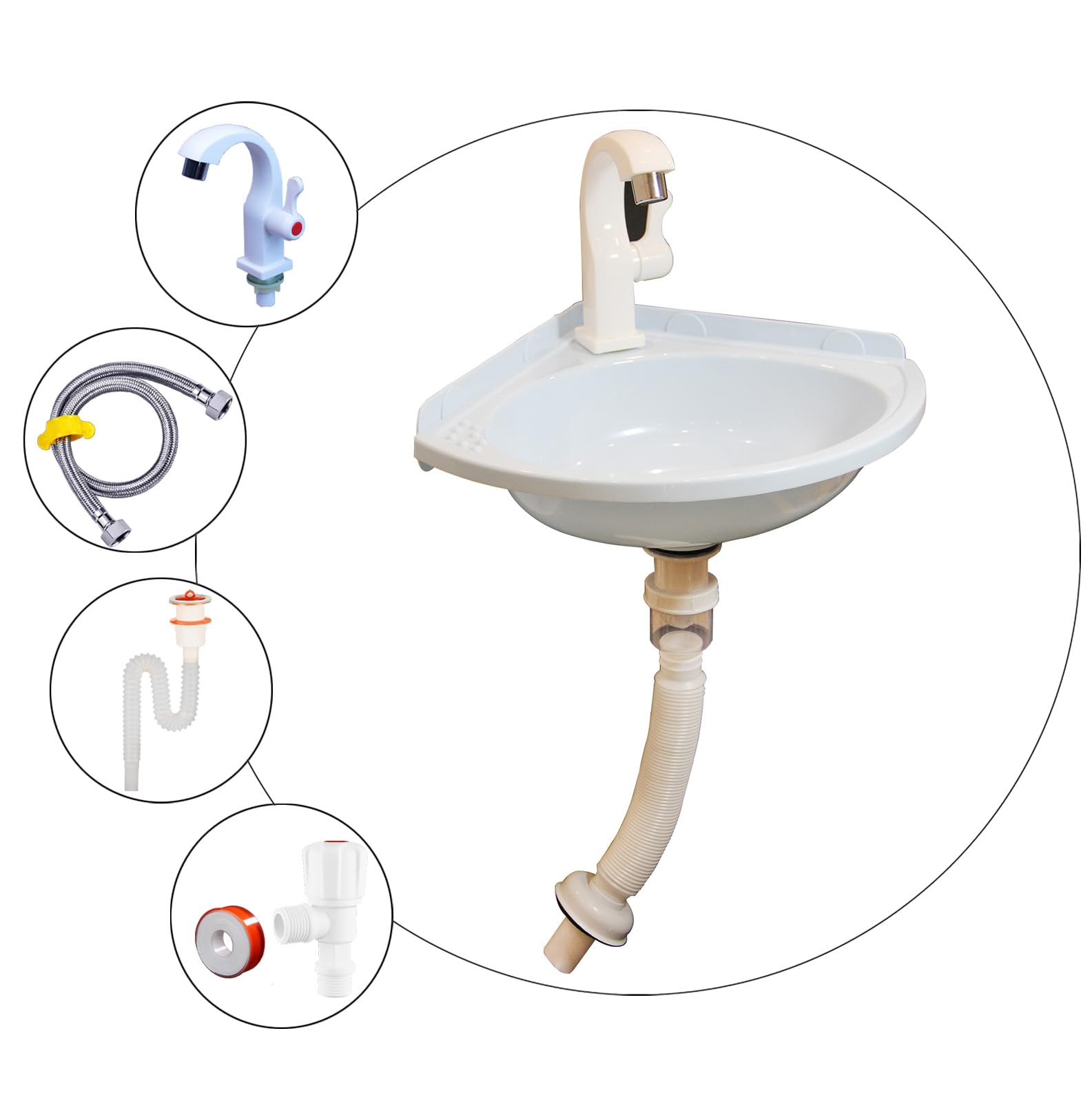 Lavabo angolare per montaggio a parete, 27,5 x 27,5 x 10 cm, in plastica, bianco, con scarico