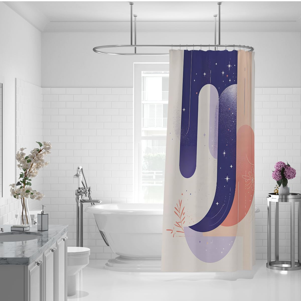 Dreamy Galaxy Duschvorhang zeitgenössischer runder Säulen-Badevorhang Trendiger Pastell-Flieder-Pfirsich-Badezimmer-Dekoration waschbarer Polyester 200 x 220 cm