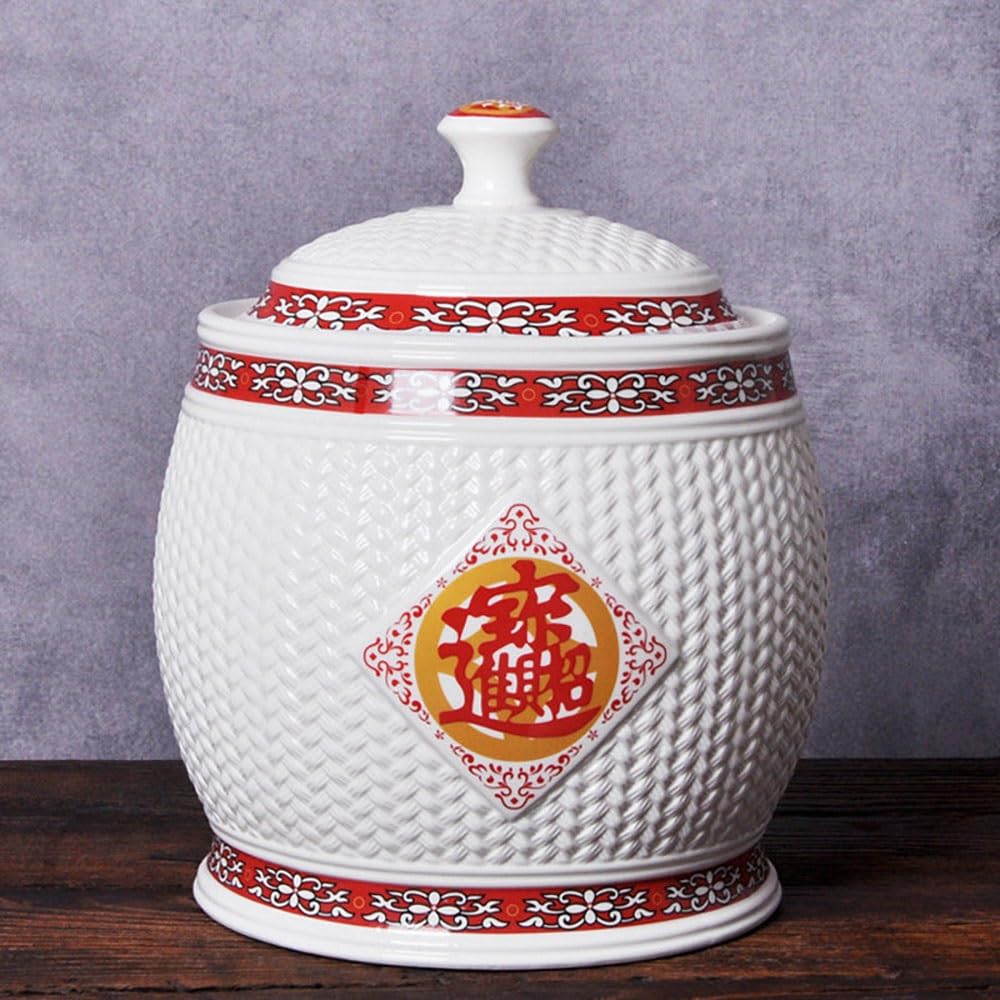 SXYHCK Chinese Sealed Ceramic Rice Pot Ceramic Rice Bucket With Lid, Grain Storage Container Porcelain Food Dispenser For Snacks Candy Coffee Beans(Style D,10kg/22lbs)