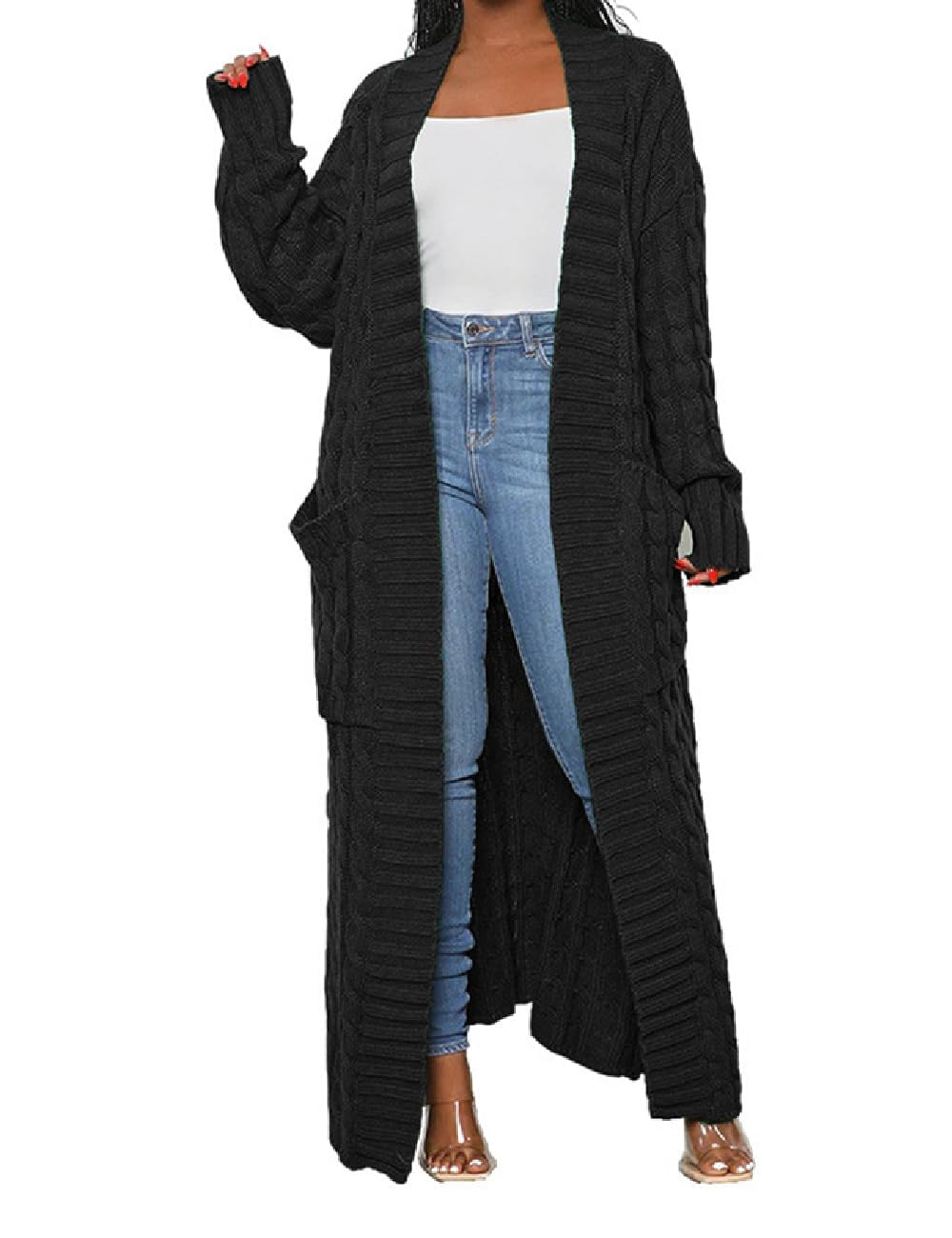 Womens Thin Stylish Cable Knit Dual Extra Long Maxi Cardigan with 2-Pockets
