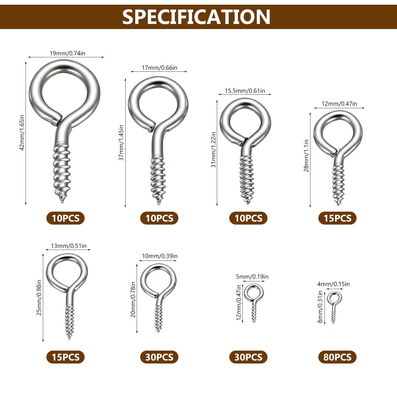 200 PzViti ad Occhiello Resistenti, Viti ad Occhiello Autofilettanti, Viti ad Anello con filettatura per legno, piante rampicanti da giardino e da casa (8 misure)