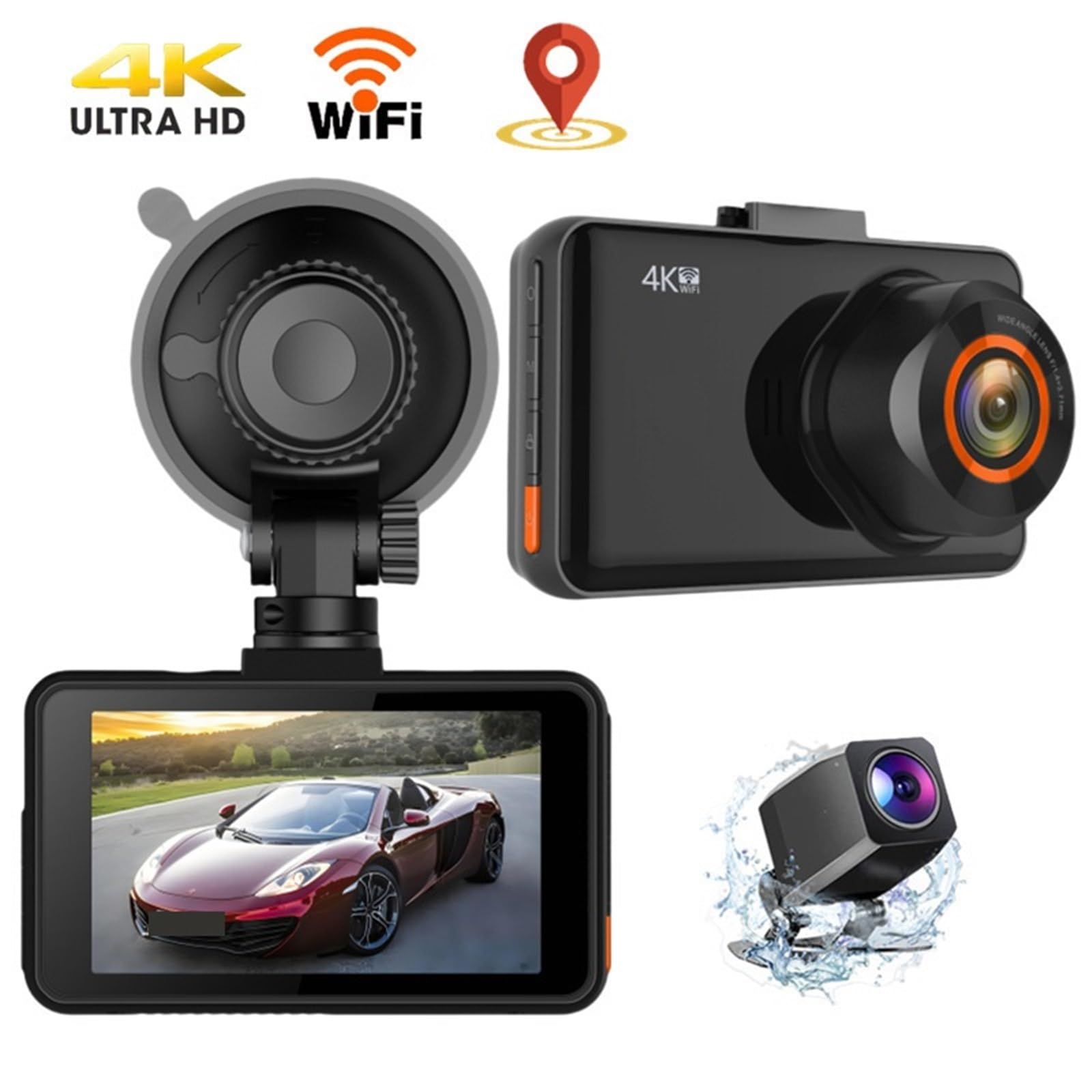 Kamera samochodowa, 2 Szt. Kamera 4K WiFi GPS Mini Wideorejestrator Samochodowy Przednia I Tylna Auto Night Vision WDR 24H Parking Czarna Skrzynka,dla samochodów