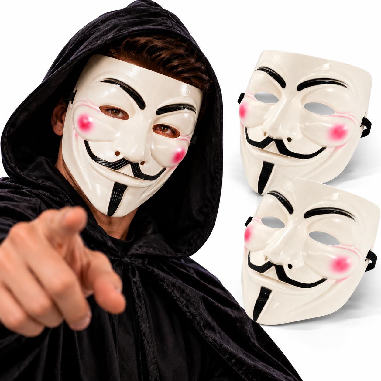 SRVertex 2Pcs Anonymous Halloween Masks, White Guy Fawkes Hacker Masks for Adults with Elastic Straps, Plastic Full Face Cosplay Fancy Dress Party Accessories — image 1