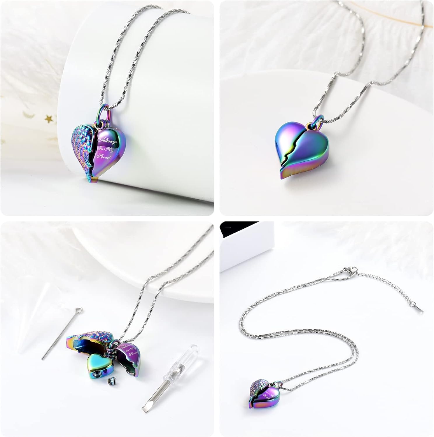 Yinplsmemory Love Heart Urn Necklace for Ashes Keepsake Memorial Cremation Jewelry Stainless Steel Angel Wing Heart Urn Locket Ashes Holder Memorial Urn Jewelry for Human/Pet Ashes - Image 3