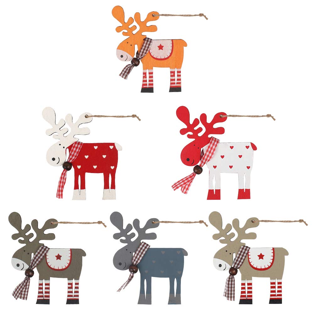 Christmas Painted Tree Pendant 6Pcs Wooden Christmas Pendant, Christmas Wooden Ornaments, Xmas Tree Hanging Decoration for Xmas Decoration Wedding Party Decor (6 Styles)