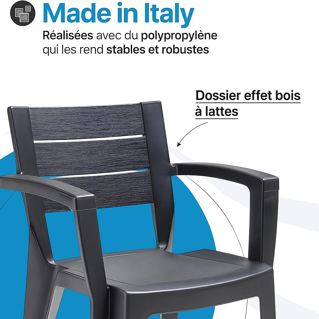 Tomaino - Lot de 6 chaises de jardin en plastique maya - empilables avec accoudoirs et dossier à lattes - Chaise de jardin pour extérieur, terrasse ou bar - Noir