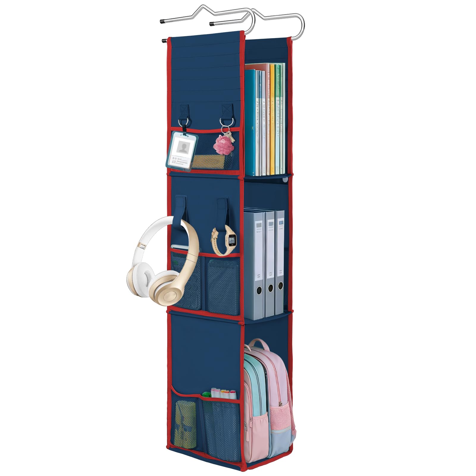 LOVEGRASS 3 Shelf Locker Organizer with Side Pockets, Navy Blue and Red