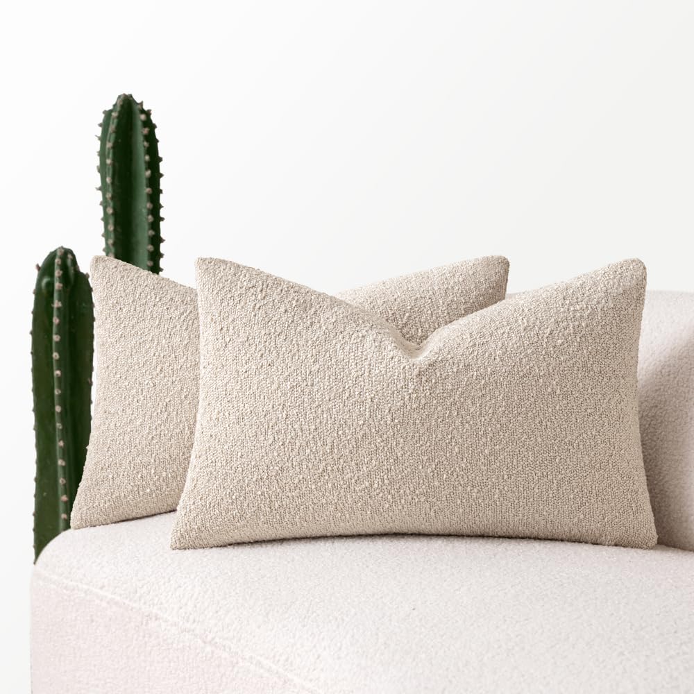 MIULEE 12x20 Inch Decorative Lumbar Pillow Covers for Bed Set of 2 Textured Boucle Neutral Throw Pillow Covers Oatmeal Accent Solid Pillowcases Sofa