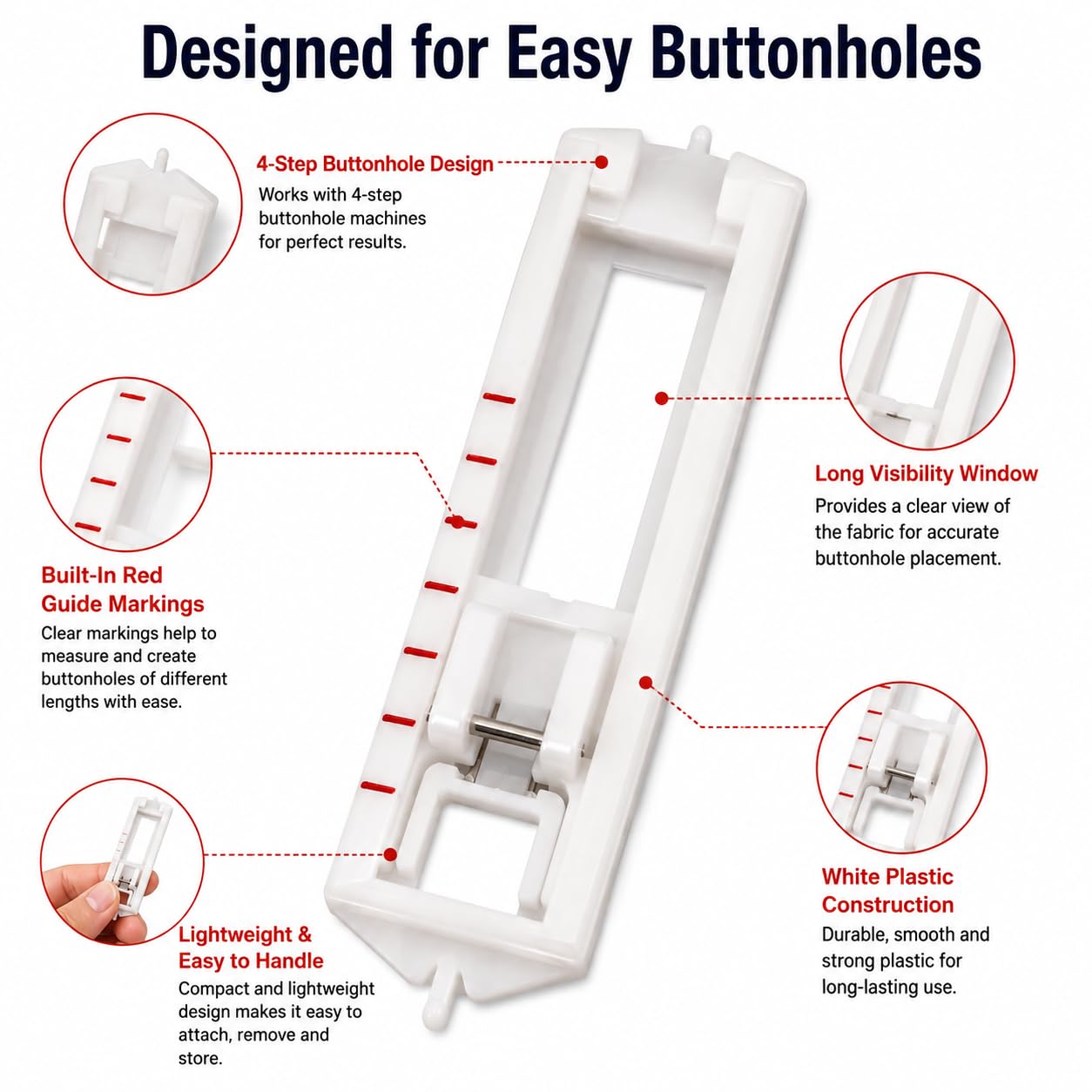 Zenith Button Hole 4 Step Pressure Foot Sewing Machine Presser Foot Fit for Most Low Shank Sewing Machines White Color Plastic White Color — Amazon image 2