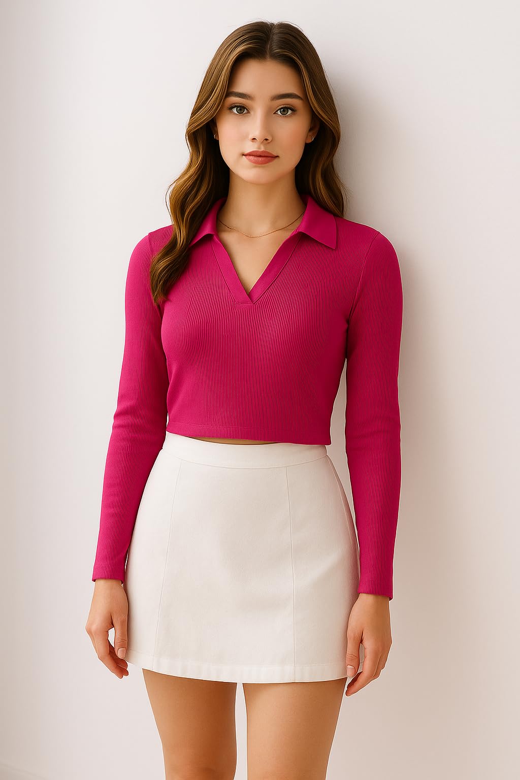 sugarcanne Trend Level Ribbed Polo Collar Full Sleeves Tops for Women (in, Alpha, XS, Regular, Pink)-picture-2