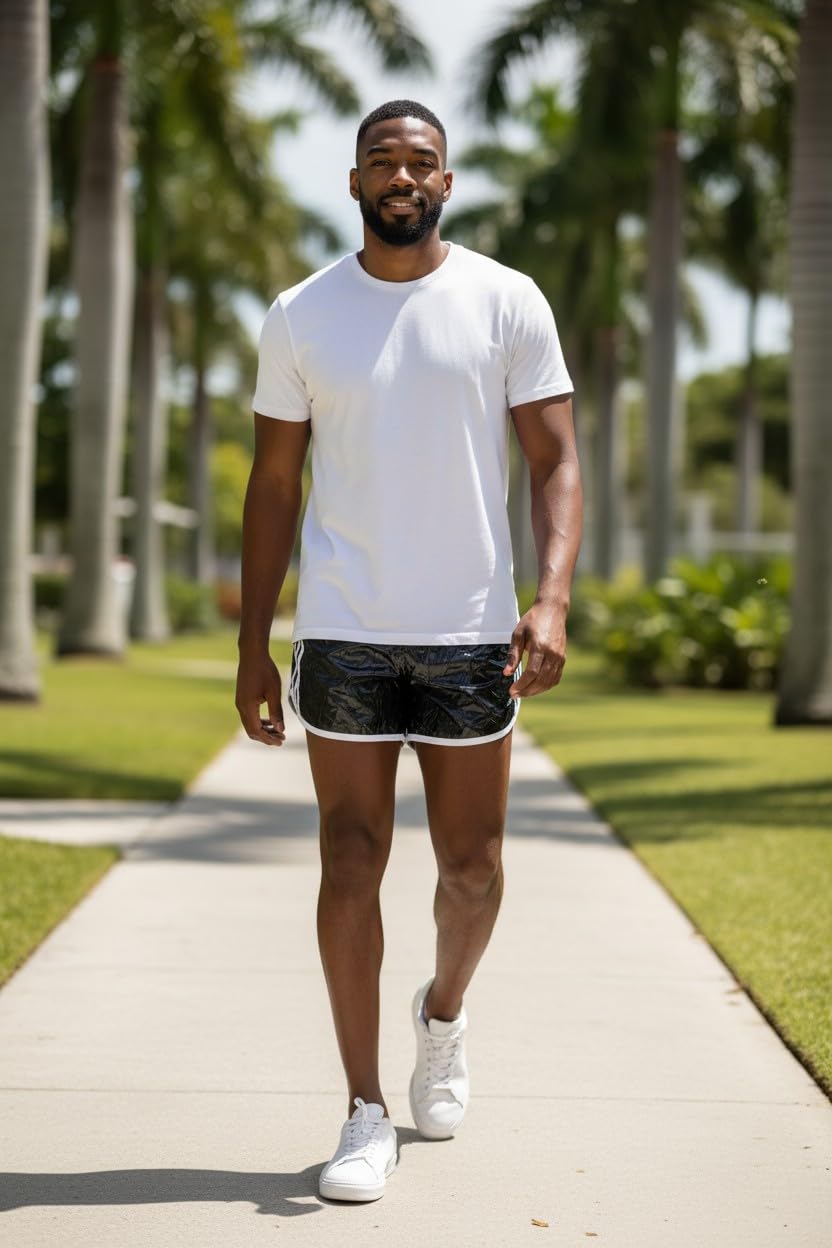 Satin Fitness Herren Glanz Nylon Sport Shorts Cal Surf Wetlook Shiny Nylon Glanzshort Brillant Fussball Boxershorts Schwarz mit Streifen