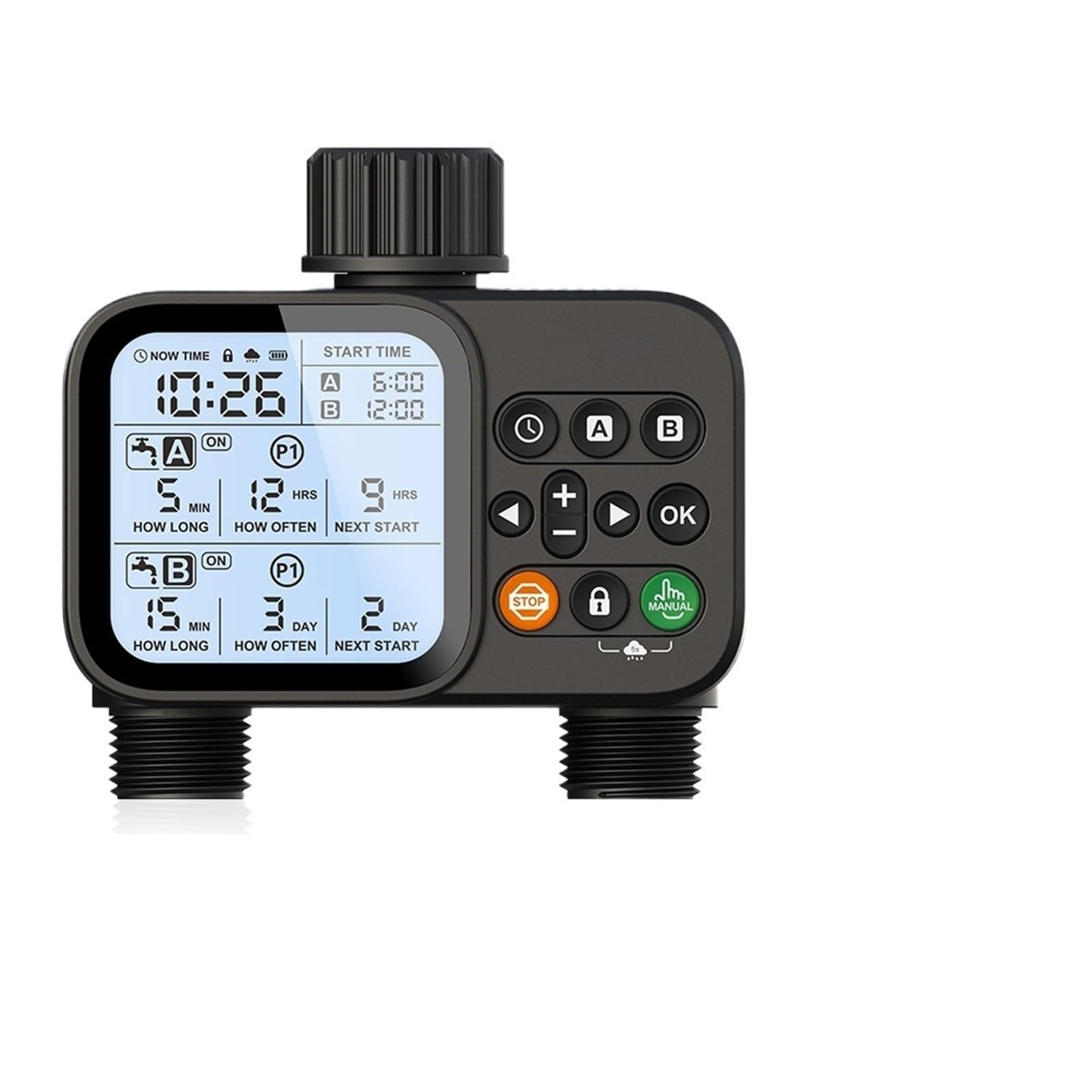 Timer per l'irrigazione, Intelligente timer for irrigazione a 2 uscite con display LCD retroilluminato sensore pioggia for di irrigazione automatica for giardino esterno